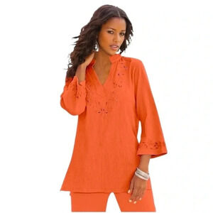 Roamans Eyelet Cutout Crinkle-Knit Gauze Tunic Tropical Melon Orange Womens 18